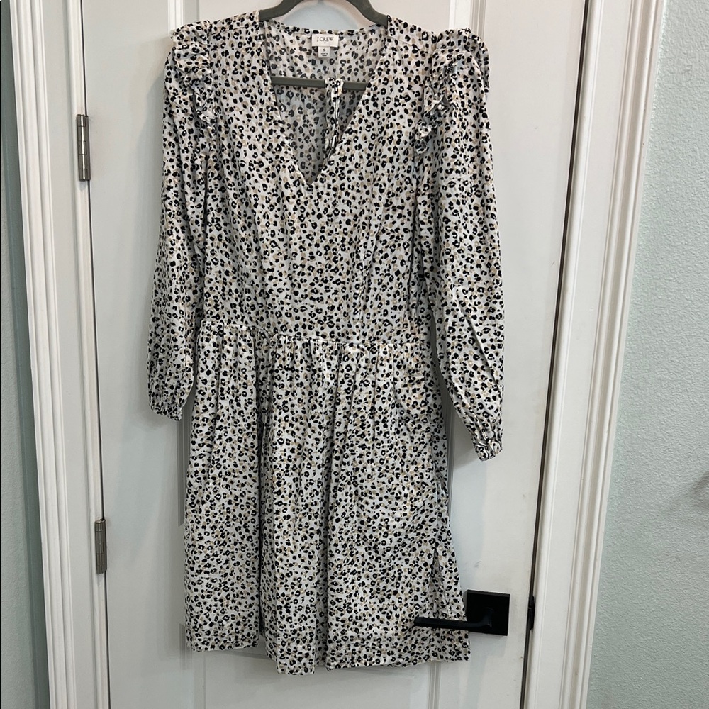 J. Crew Cream Leopard Print V-Neck Long Sleeve Dress